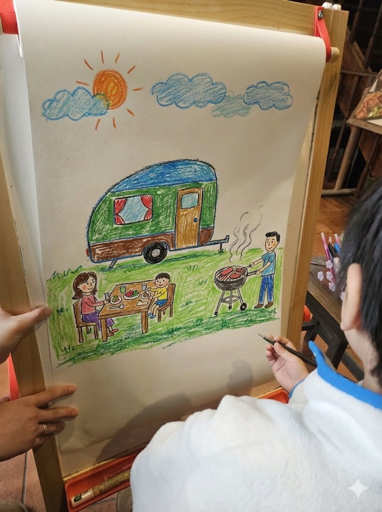 Childlike crayon-style family camping drawing - Image 1