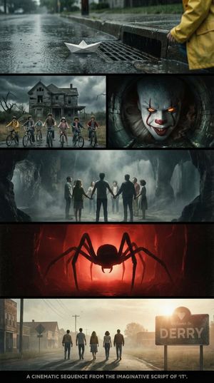 create a cinematic sequence using multiple widescreen panels grids to tell the story of the imaginative script from the book "IT"

Author...