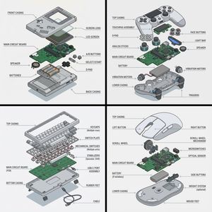 Create a technical exploded view diagram of a [SUBJECT] in 1080x1080 dimension. The device is deconstructed showing all individual compon...