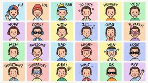 Create a set of colorful, hand-drawn LINE-style half-body Q-version emoji portraits based on the characters shown in the reference image,...