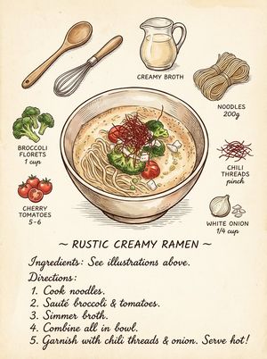 Turn this ramen into a cute recipe page with illustrations in the style of a vintage cookbook that was hand-drawn.  A carefully drawn ing...