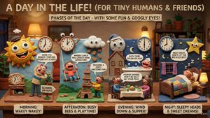 Create an infographic that explains the phases of the day perfect for a 6 year old, and in the style of: Distinctive claymation with wide...