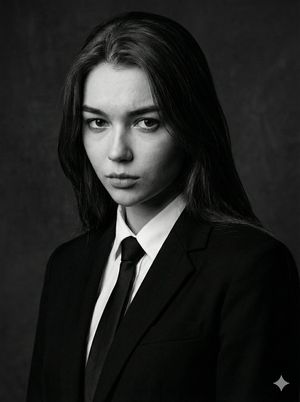 A realistic black and white photograph of a young woman with long, dark hair, closely resembling the facial features, structure, and expr...