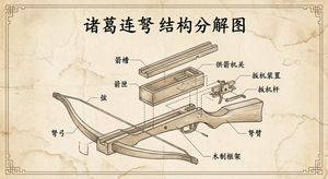 Please create a vintage-style engineering exploded view diagram of the Zhuge repeating crossbow, with all labels and text in Chinese.

Au...
