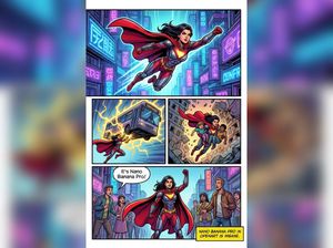 Varias viñetas de cómic estilo Marvel en colores vibrantes. Una heroína con capa roja. En el fondo, la ciudad futurista brilla con neones...