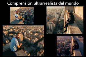Toma cenital hiperrealista de 9:16 del hombre de la imagen adjunta (subo 2 fotos mías), sentado en el borde de un rascacielos durante la ...