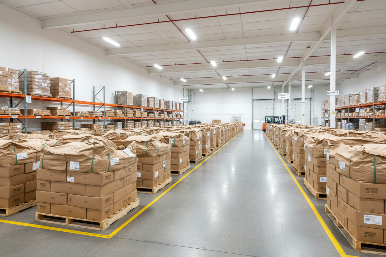 Proper warehouse storage of brown paper bags on pallets
