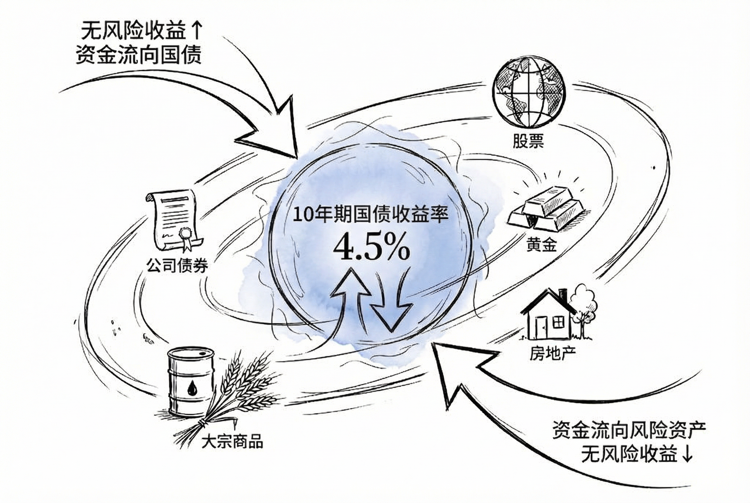 10年期国债收益率资产流动图（#BACBEF晕染效果）