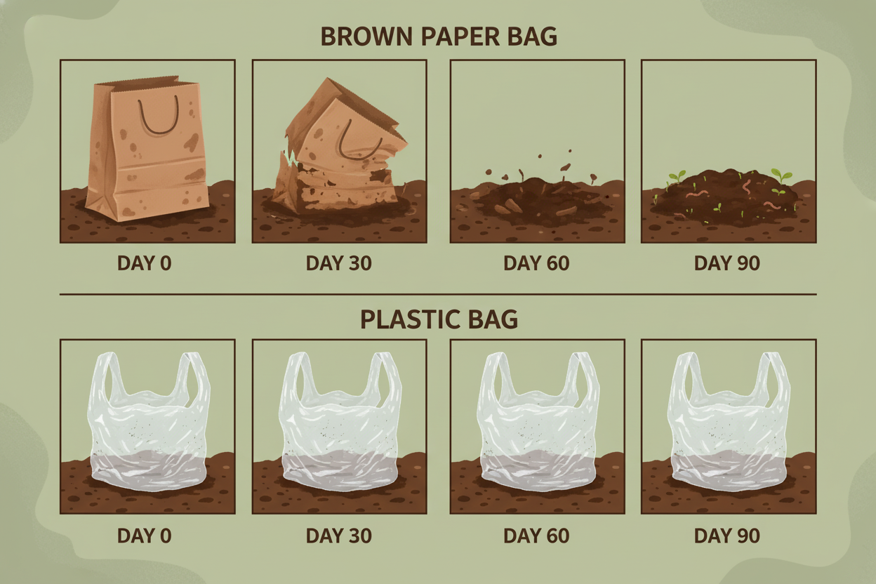 Time-lapse comparison showing brown paper bag decomposing over 90 days vs plastic bag remaining intact