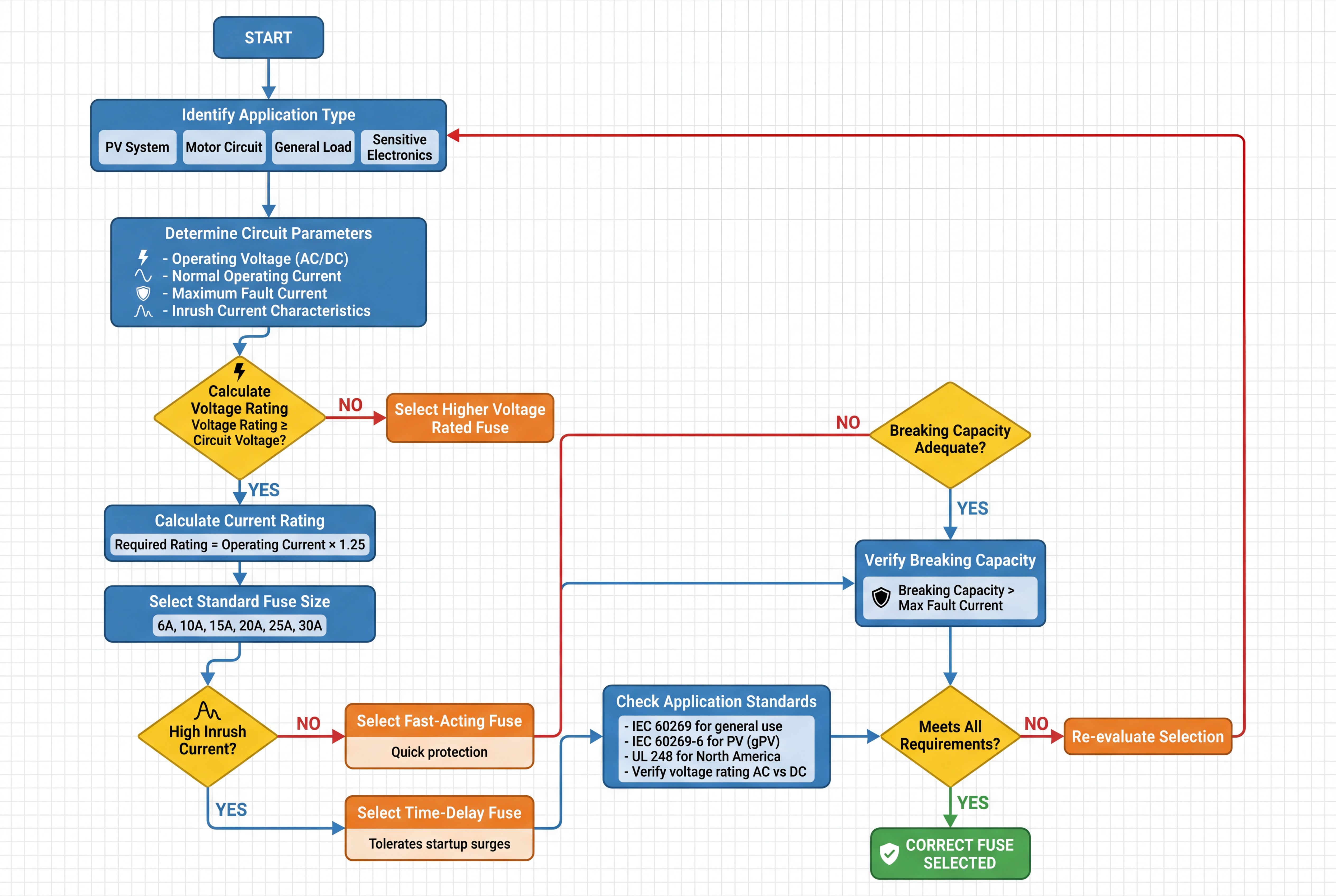 A Mermaid-style flowchart diagram illustrating the step-by-step decision process for selecting the correct fuse, from identifying the application to verifying all ratings.