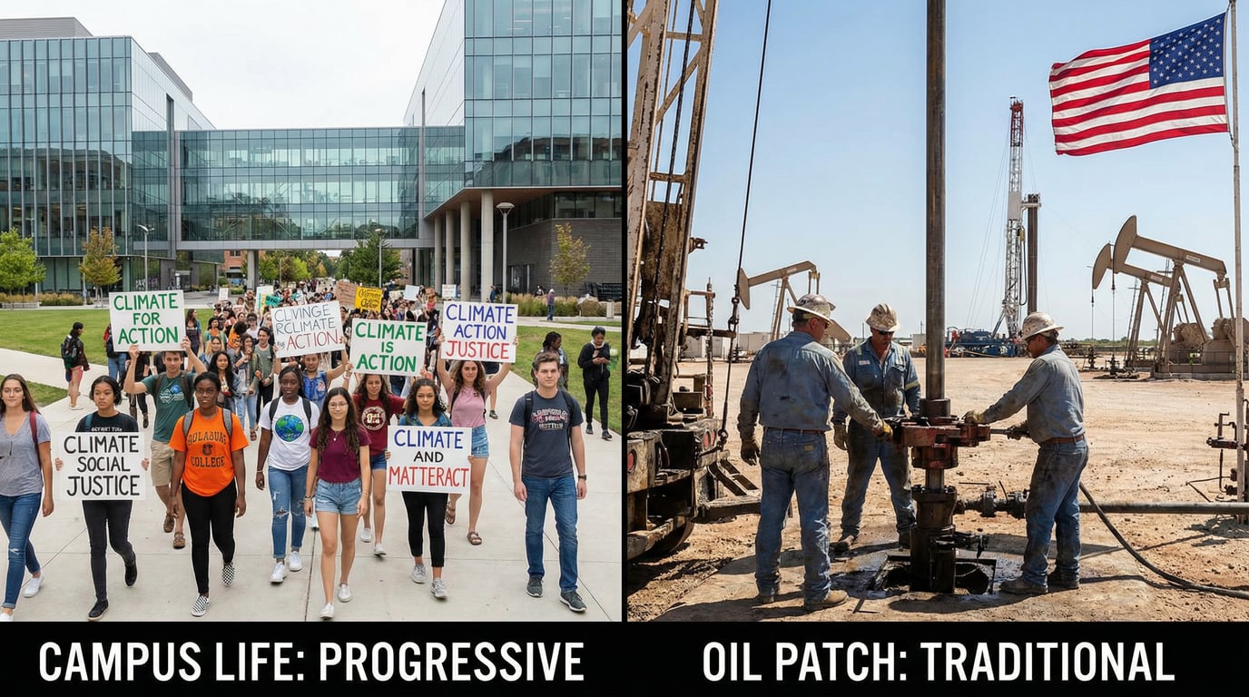 A split-screen image showing progressive college students on one side and Texas oil workers on the other, representing a cultural divide.