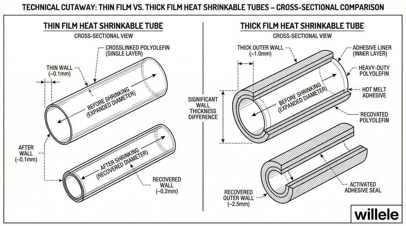 Technical cutaway diagram comparing thin film and thick film heat shrinkable tube wall thickness and structure - willele