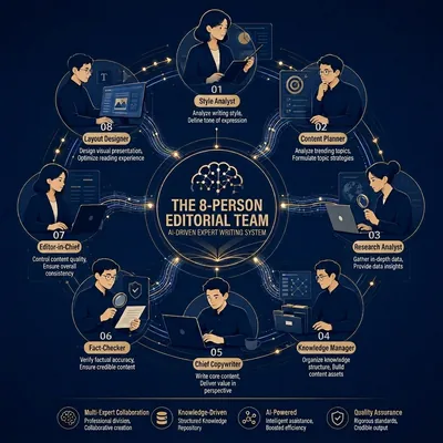 An eight-person editorial team—an AI-driven expert writing system