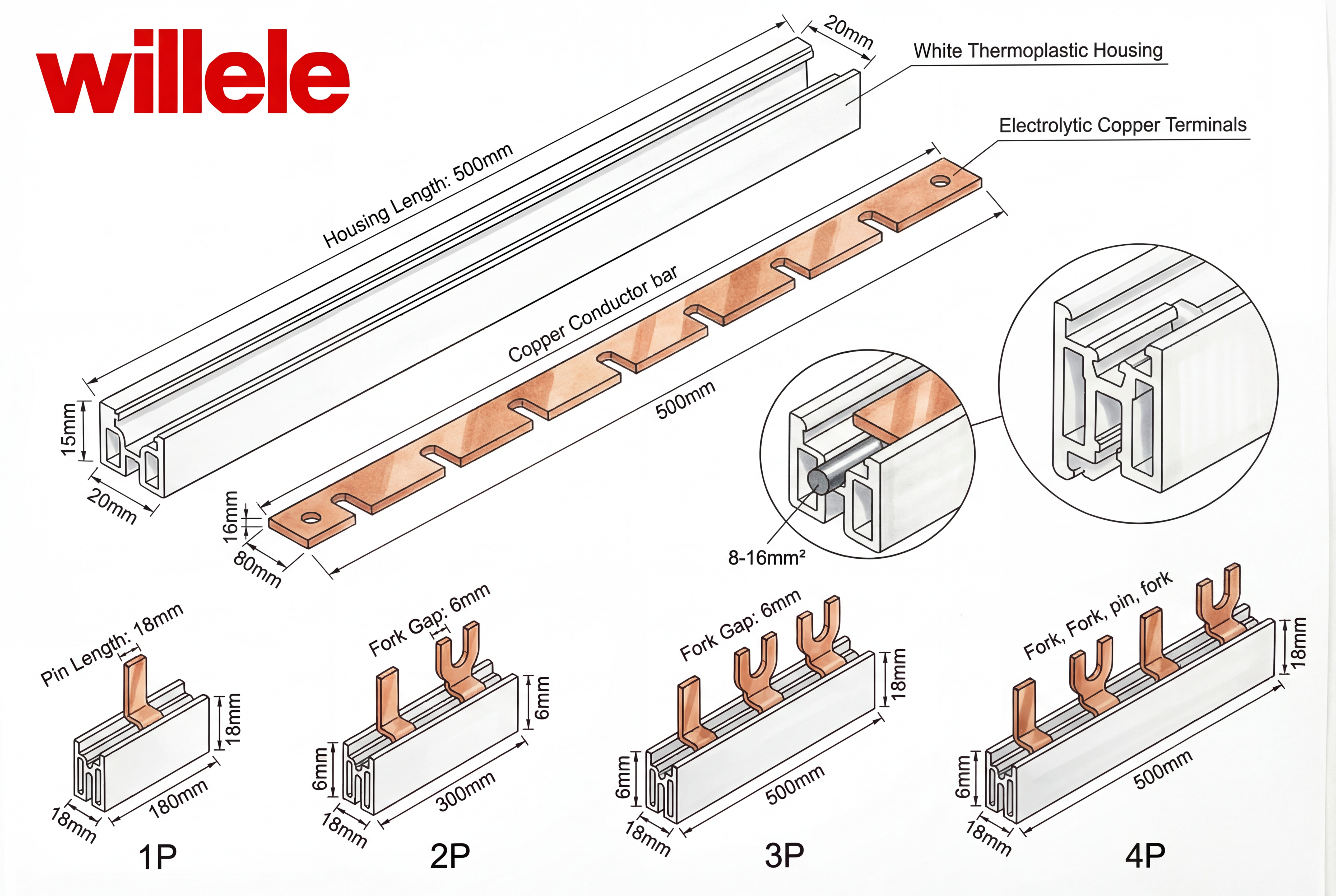 Technical diagram of WILLELE MCB busbar assembly showing copper conductors and terminal configurations