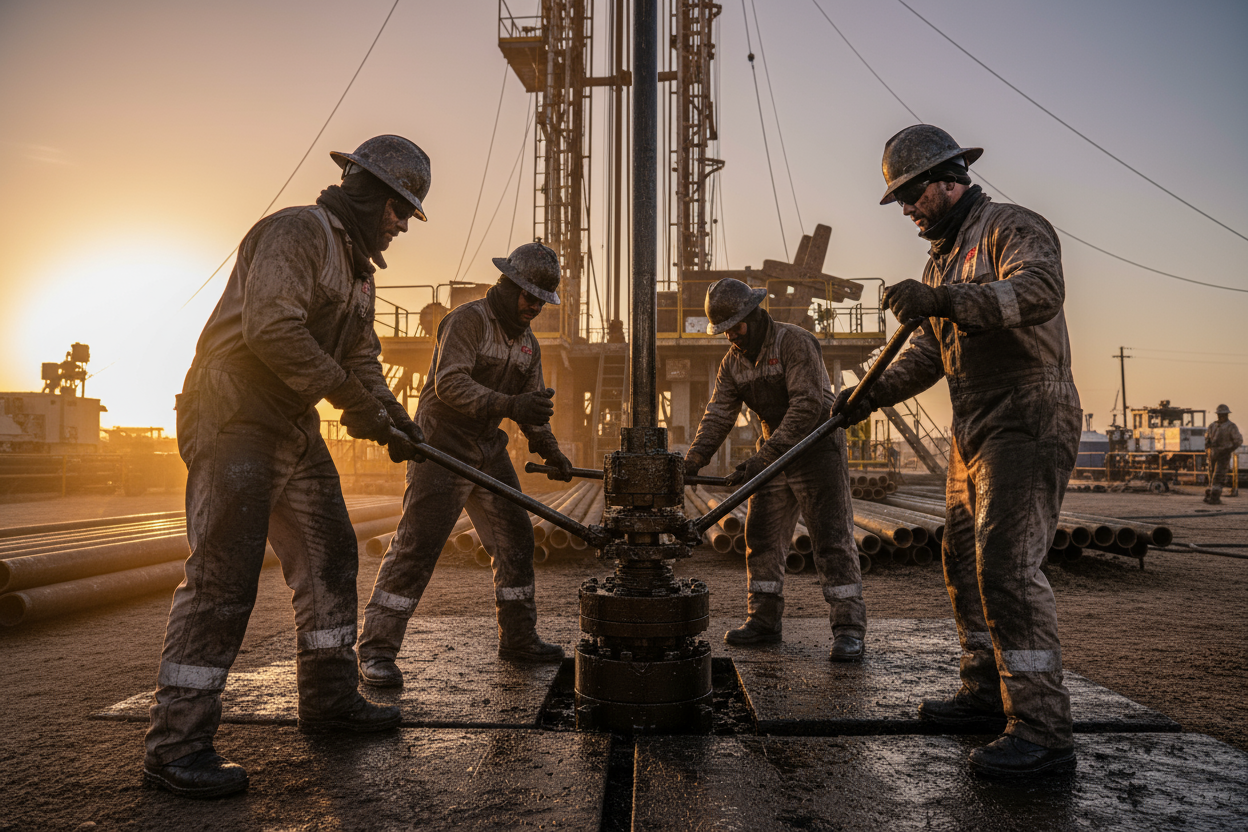 West Texas roughnecks at sunrise, covered in oil and grime, working on a drilling rig with industrial equipment in the background.