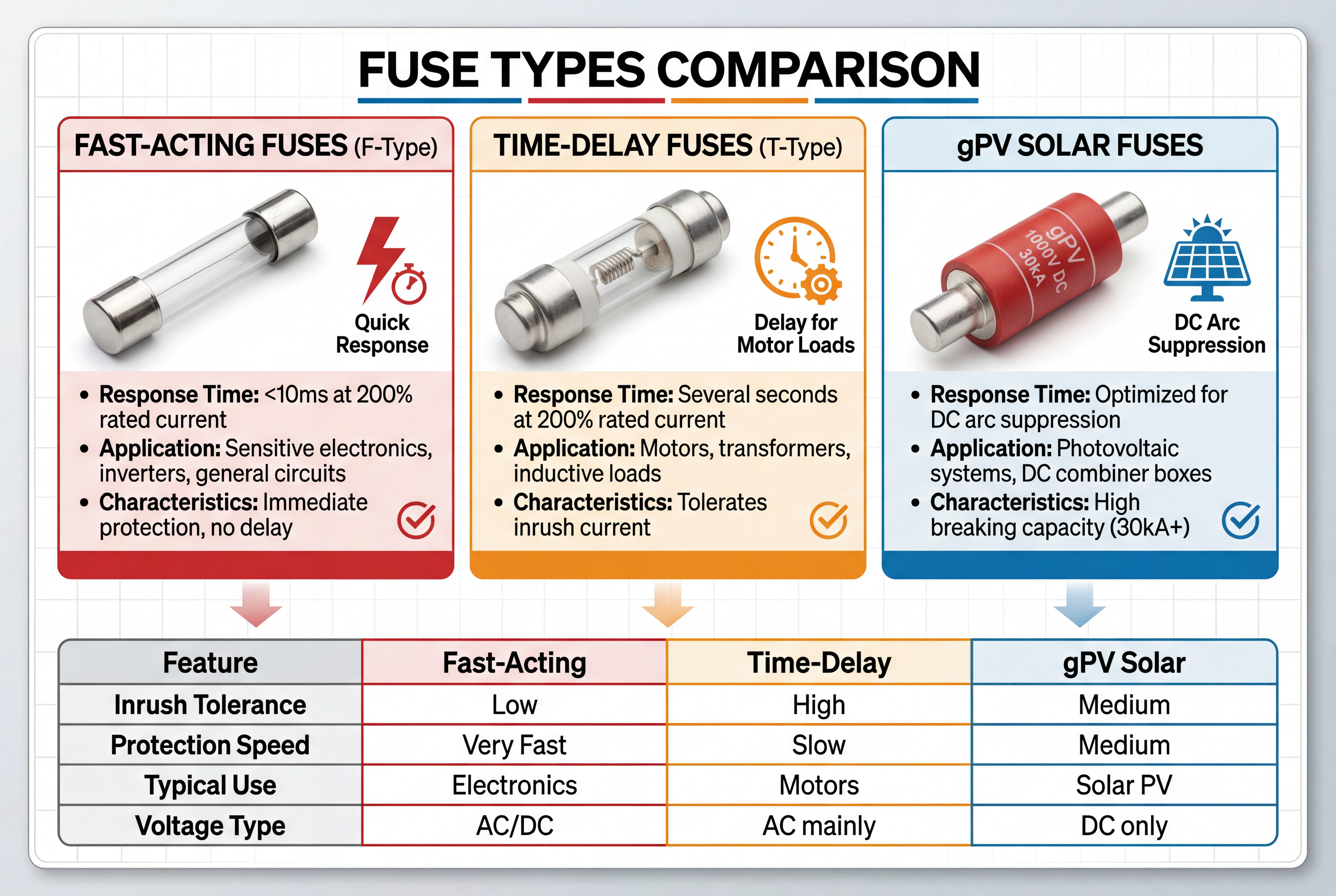 An infographic comparing Fast-Acting, Time-Delay, and gPV solar fuses, with product images and key specifications for each.