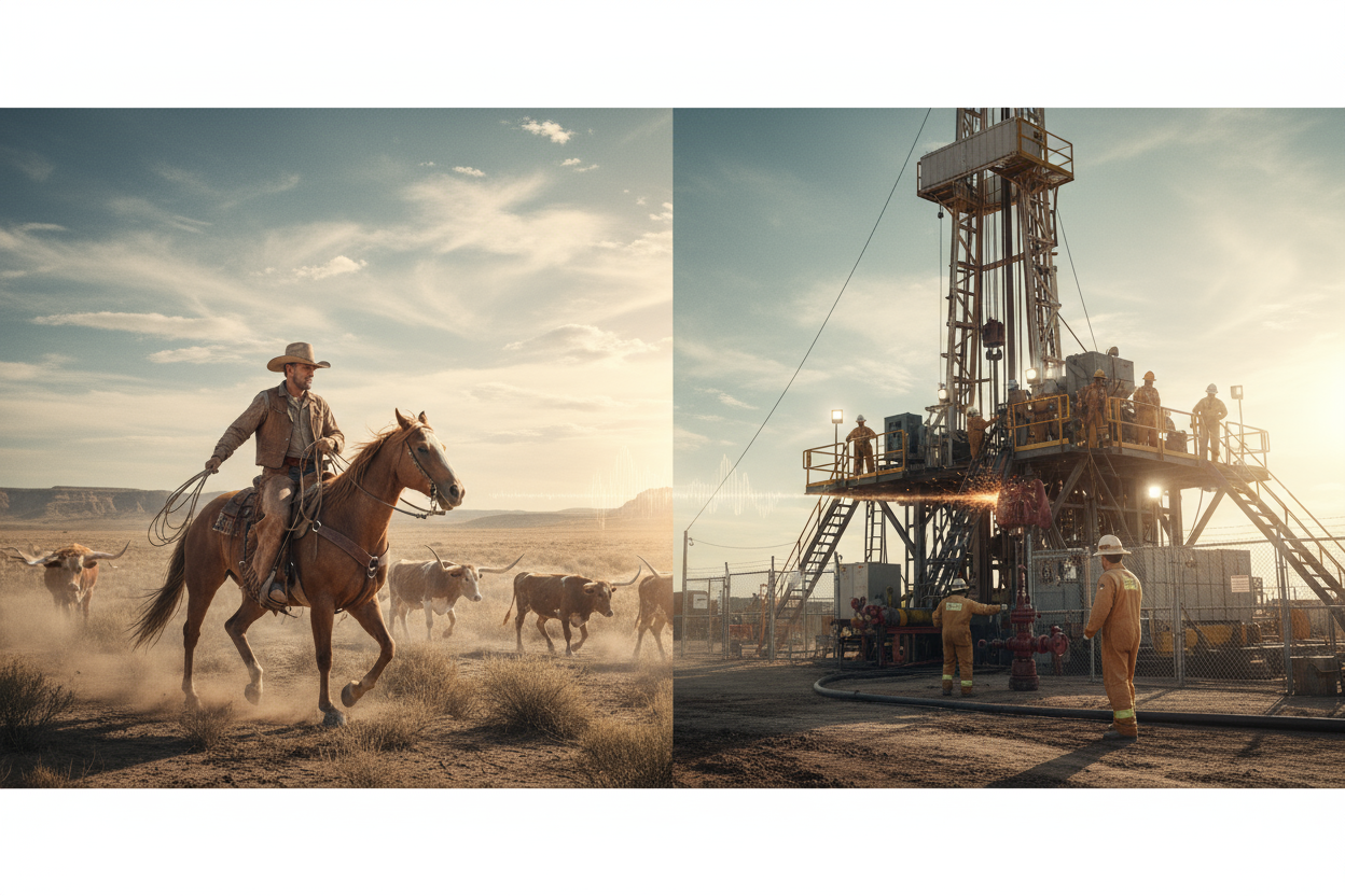 A split-screen image showing a cowboy on horseback on the left and oil workers on a rig on the right, representing the two colliding worlds of West Texas.