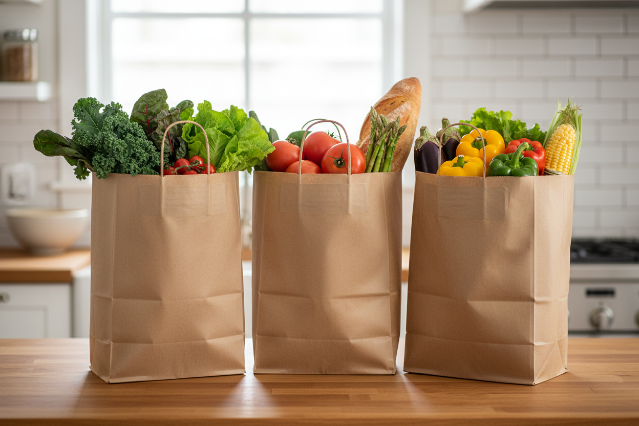 Brown paper grocery bags filled with fresh organic produce