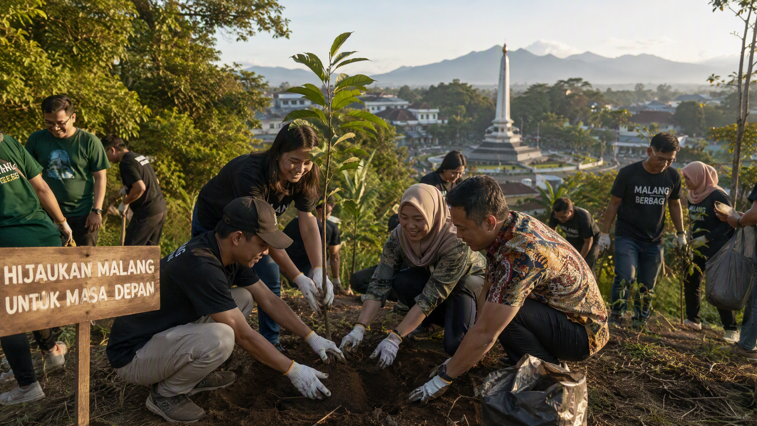 Indonesian community service volunteers in Malang, East Java doing an outdoor environmental activity — planting trees and cleaning up a scenic village area — with apple orchards, tea plantations, and cool highland hills in the background