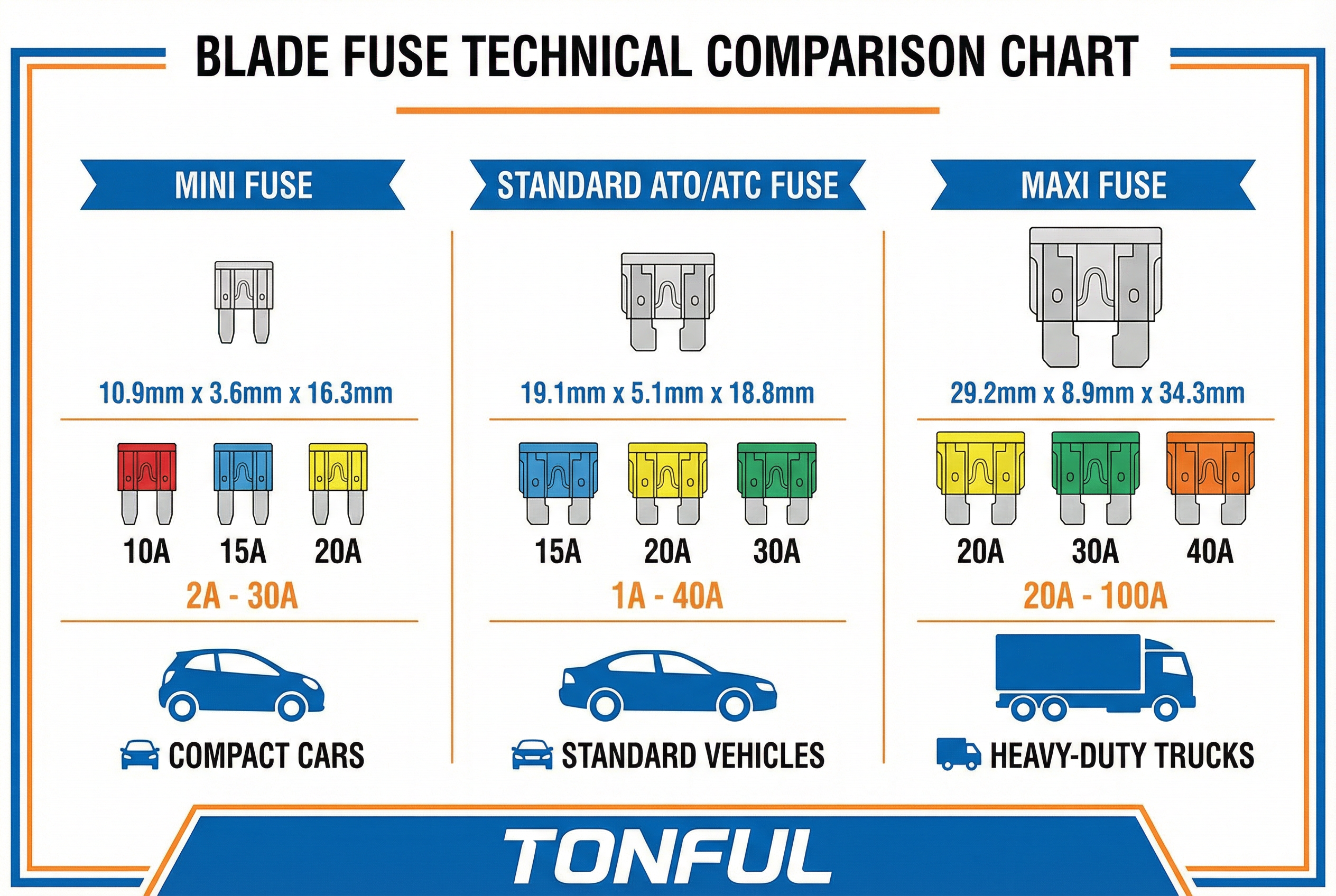 A blade fuse box in an automotive application, showing multiple fuses plugged into a central block