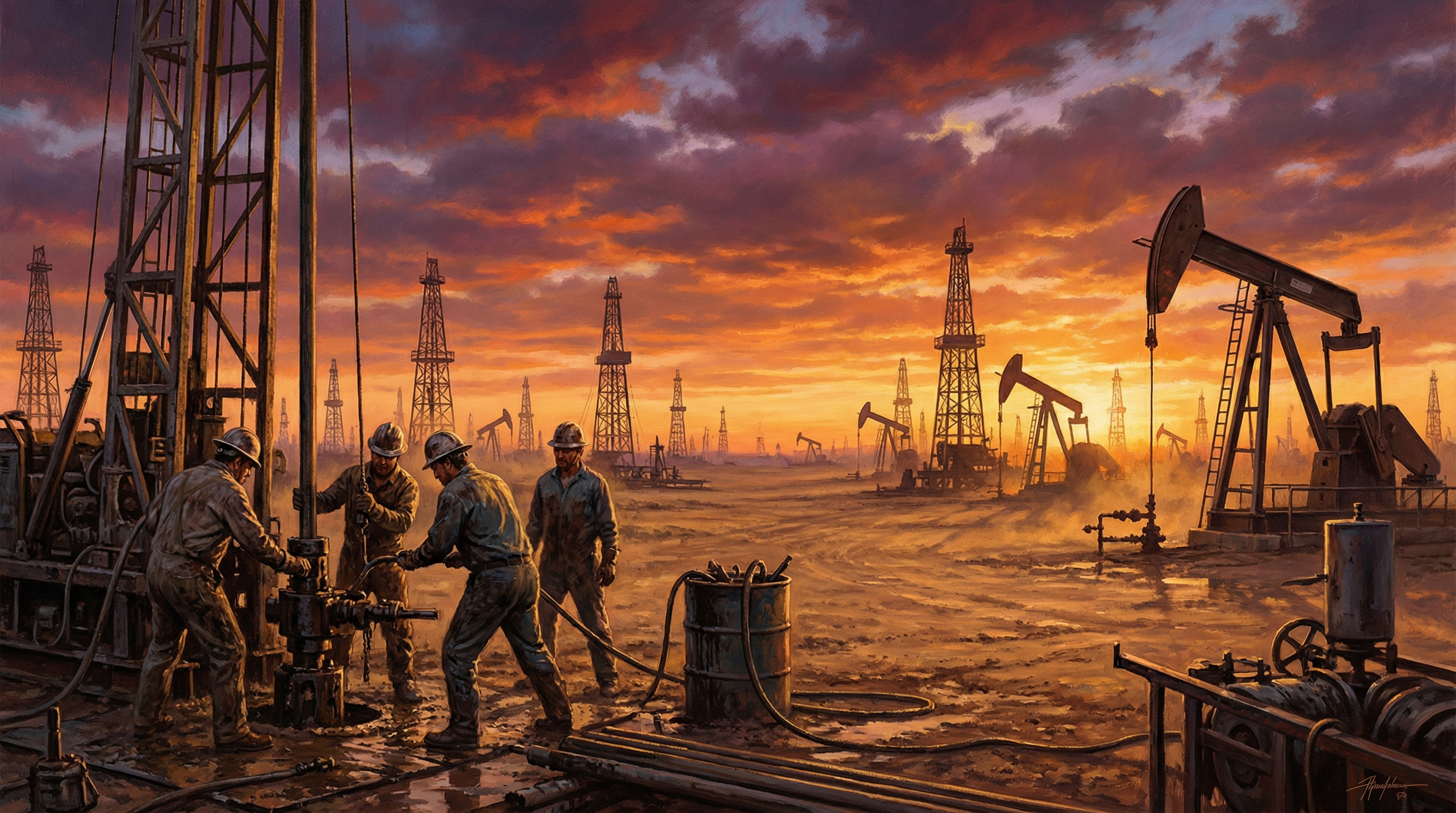 West Texas oil fields at golden hour with drilling rigs and workers