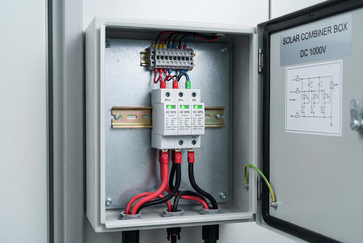 A detailed diagram illustrating the placement of SPDs at the combiner box, inverter, and AC disconnect points in a solar power system.