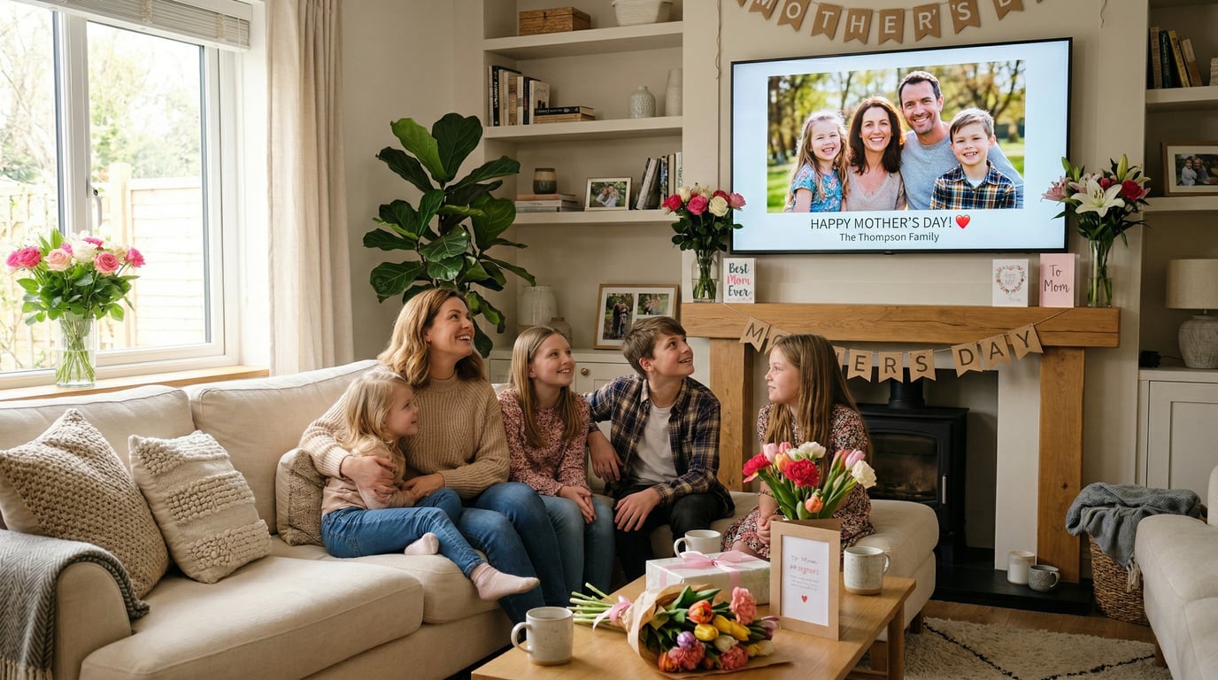 Family watching photo slideshow on TV