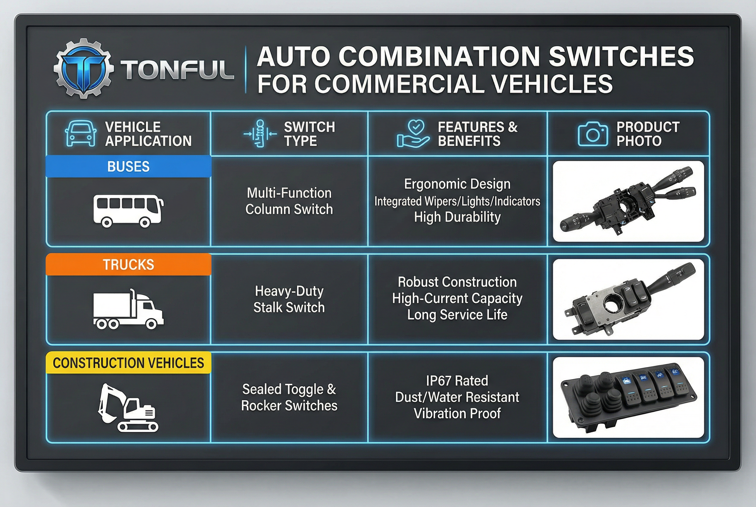 Comparison chart of Tonful Auto Combination Switches for buses, trucks, and construction vehicles