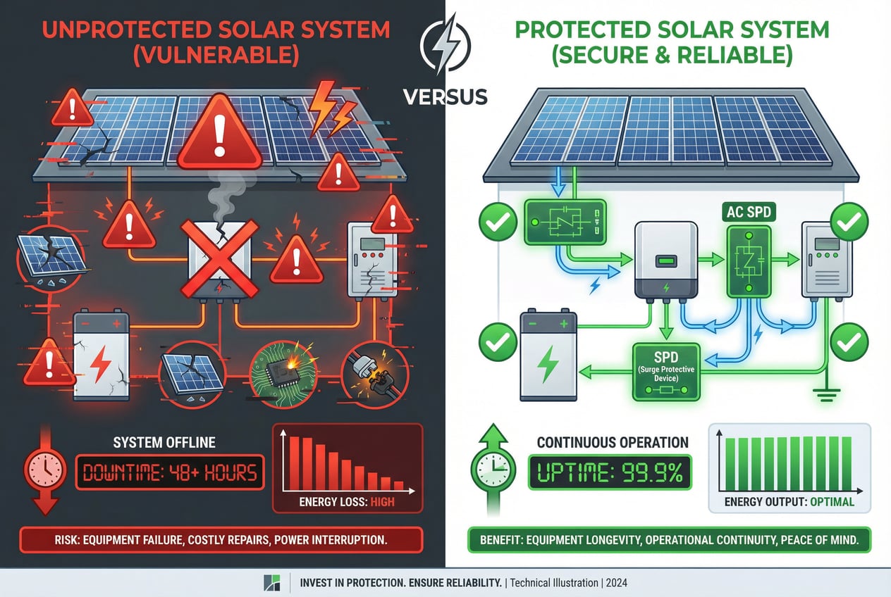 A split comparison infographic showing two solar systems side by side. Left side: unprotected system with red warning symbols, damaged equipment icons, downtime indicators. Right side: protected system with green checkmarks, SPD devices highlighted, smooth operation indicators.