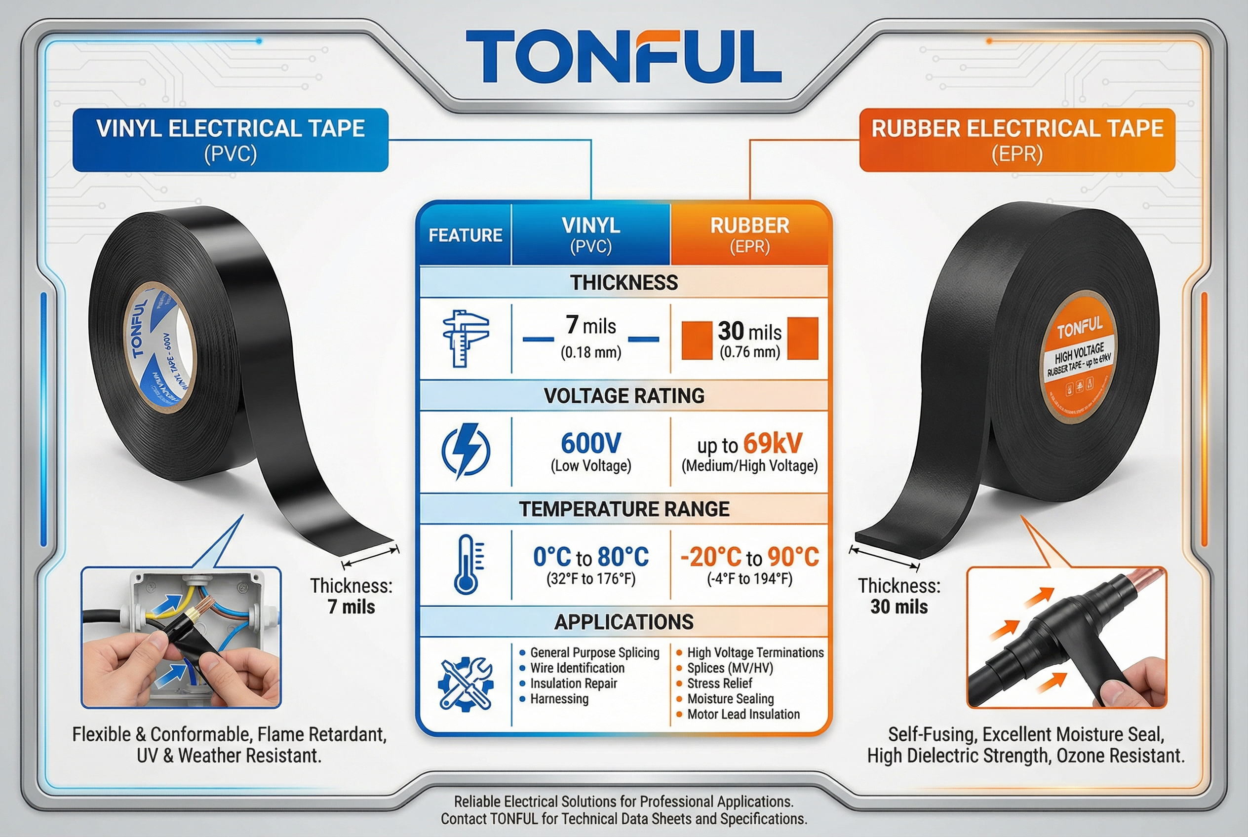 A clear chart comparing the features of Vinyl Electrical Tape and Rubber Electrical Tape side-by-side.