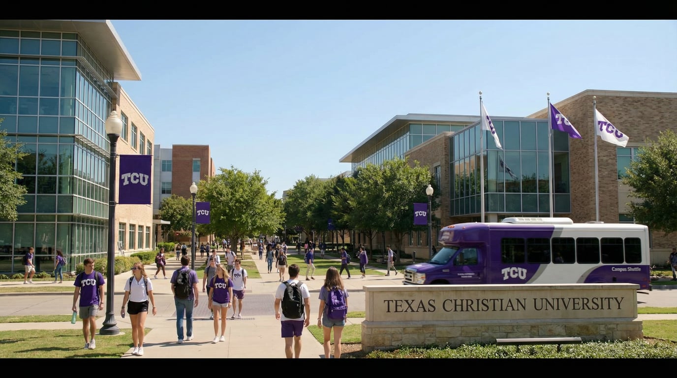 An establishing shot of the modern Texas Christian University (TCU) campus.