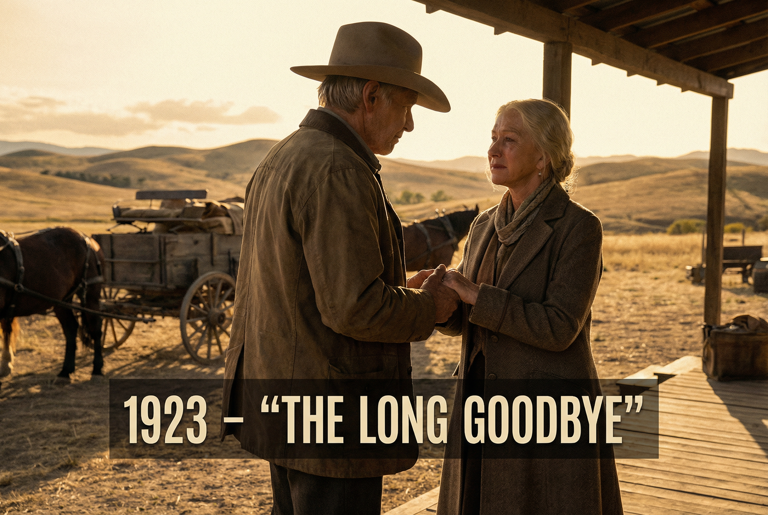 Harrison Ford and Helen Mirren as Jacob and Cara Dutton in 1923 Season 2 finale, emotional farewell scene in Montana ranch setting