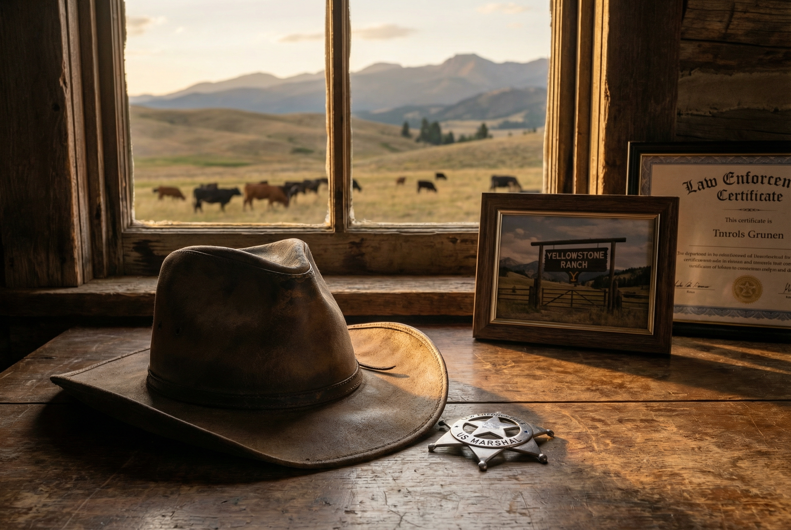 US Marshal badge and cowboy hat representing Kayce Dutton's transition from Yellowstone ranch to law enforcement in Y: Marshals spinoff