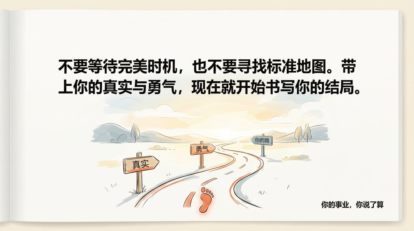 不要等待完美时机,也不要寻找标准地图。带上你的真实与勇气,现在就开始书写你的结局。