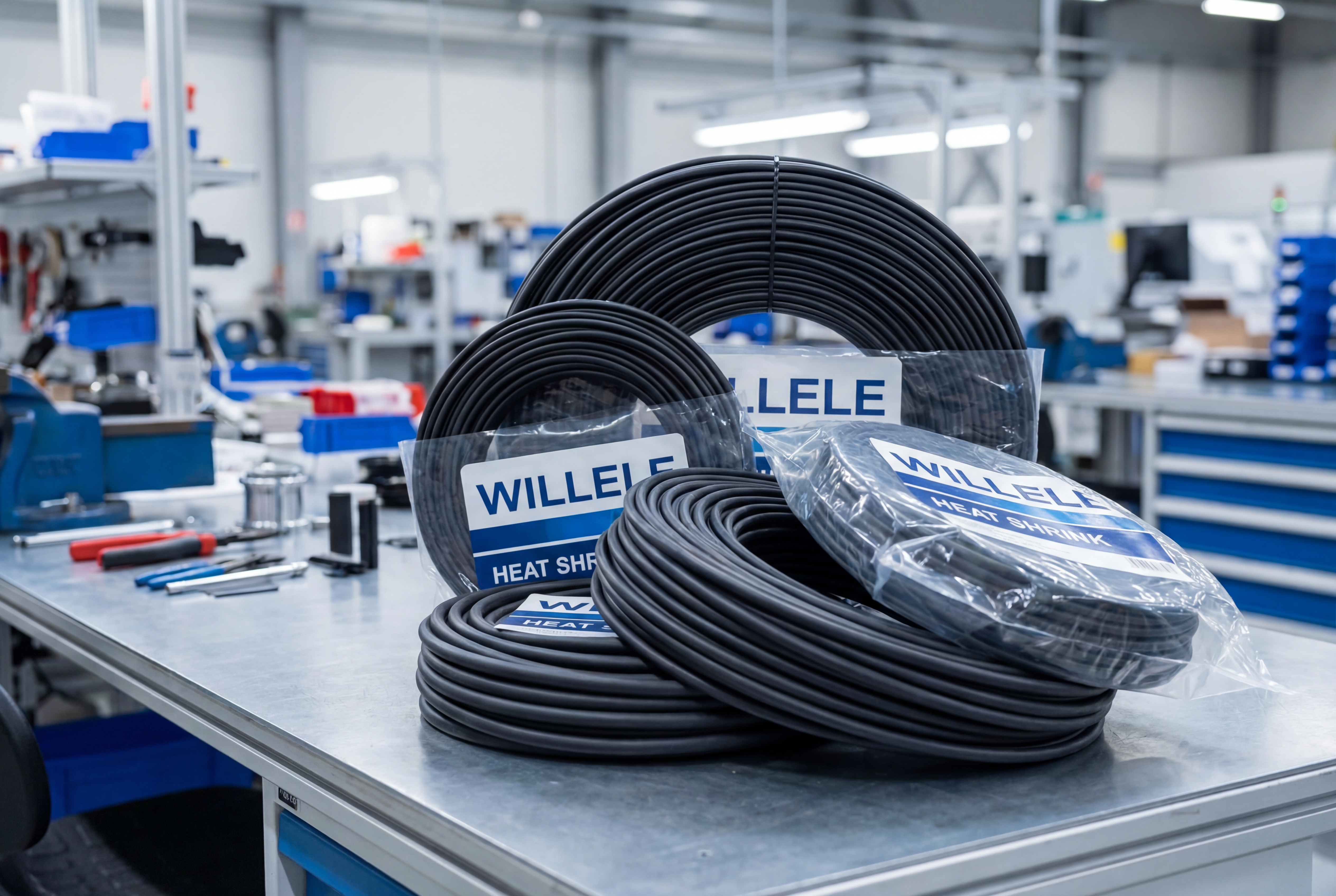 WILLELE Fire Retardant Heat Shrink Tubes Product - Industrial coils of black tubing on workbench