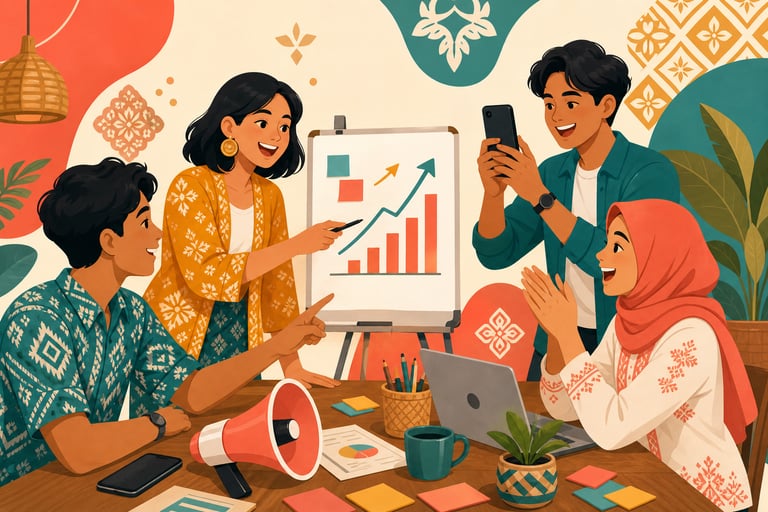 Young Indonesian creators collaborating around a table with marketing tools