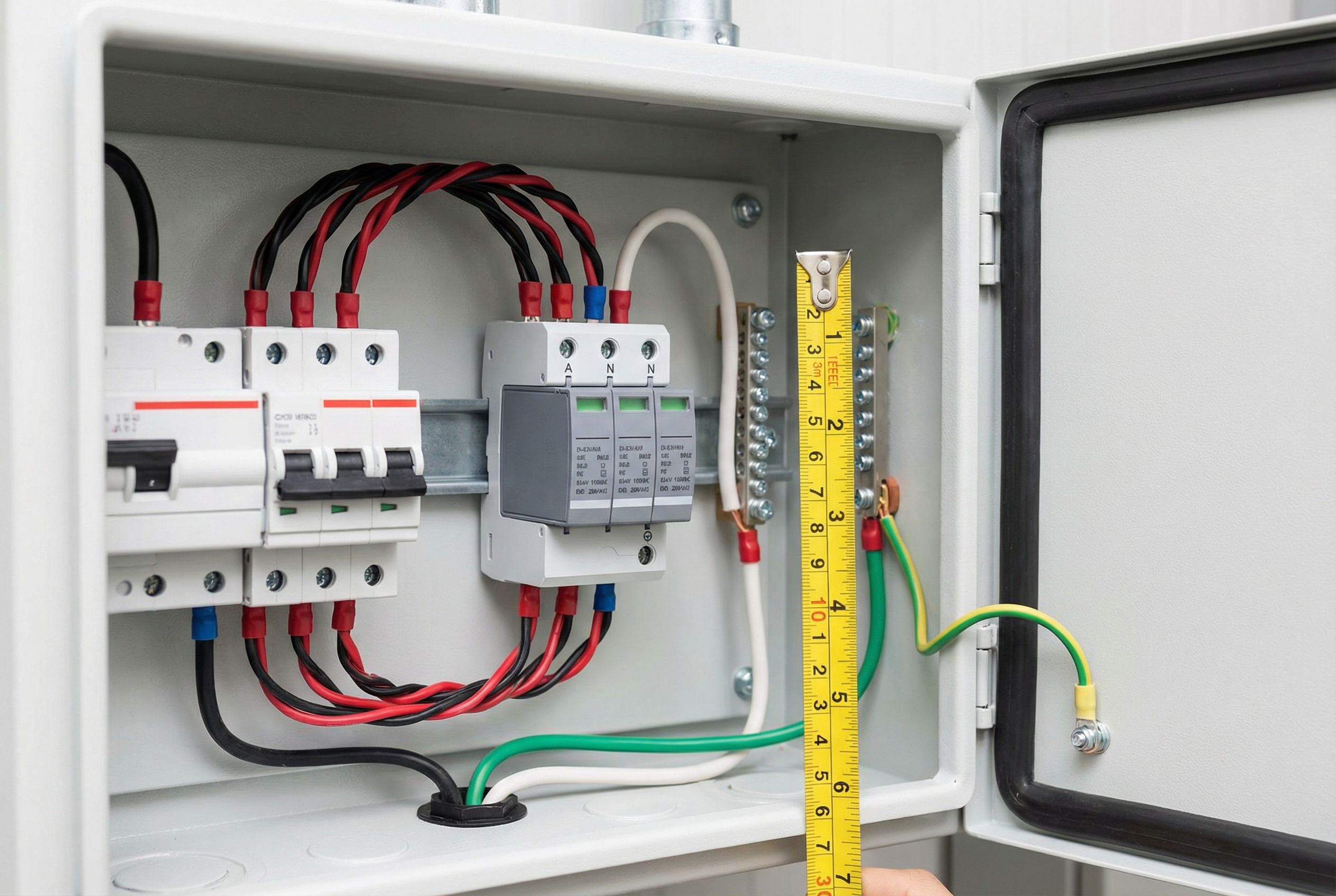 Illustration demonstrating proper SPD installation with short, direct lead lengths and proper grounding