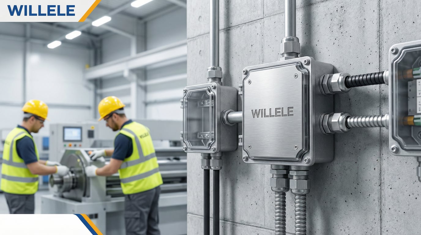 Waterproof junction boxes installed in manufacturing facility - willele Electric industrial application