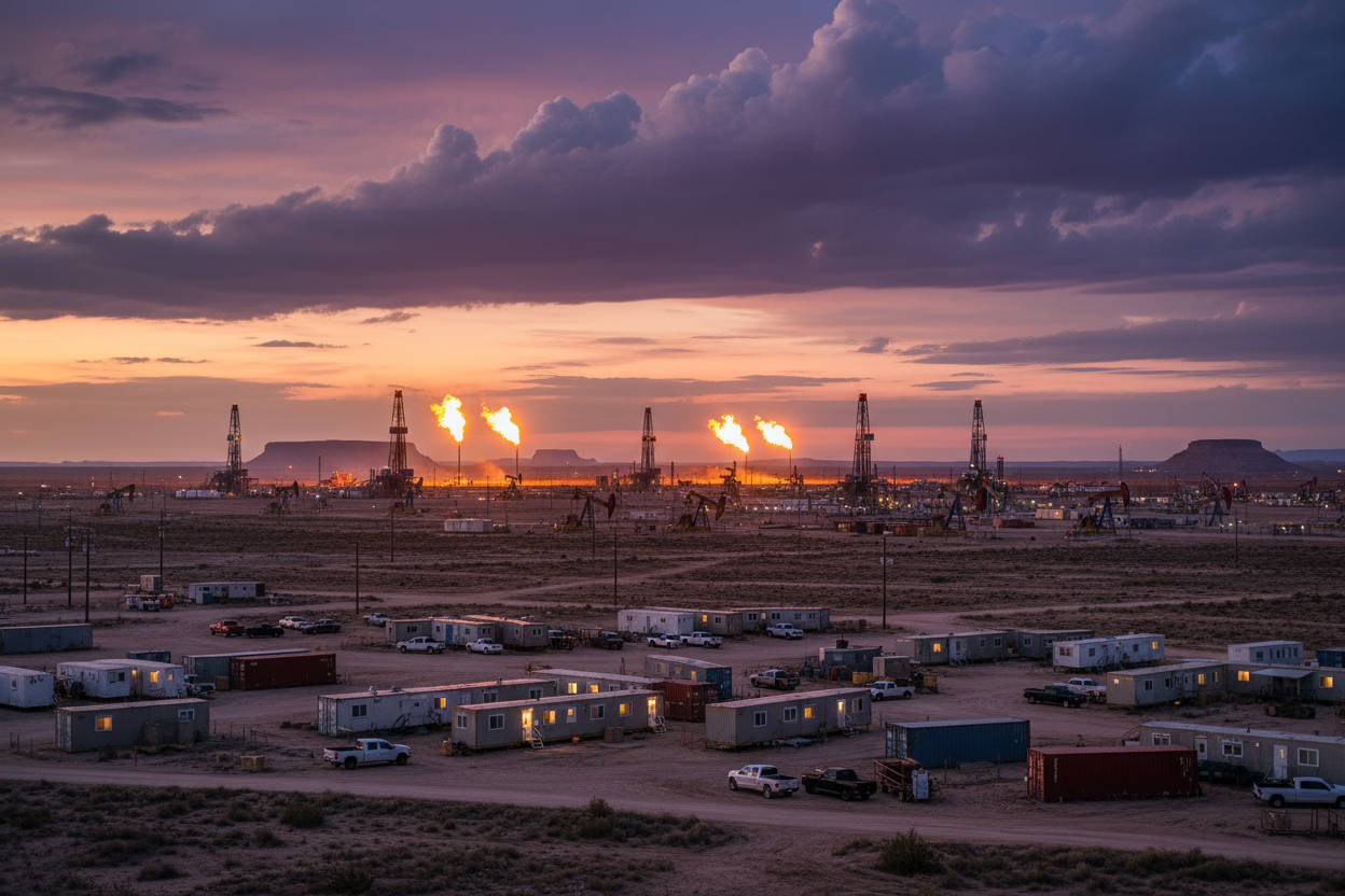 A wide view of a West Texas oil field at dusk, showing multiple drilling rigs, gas flares, and man camps under a dramatic purple sky.