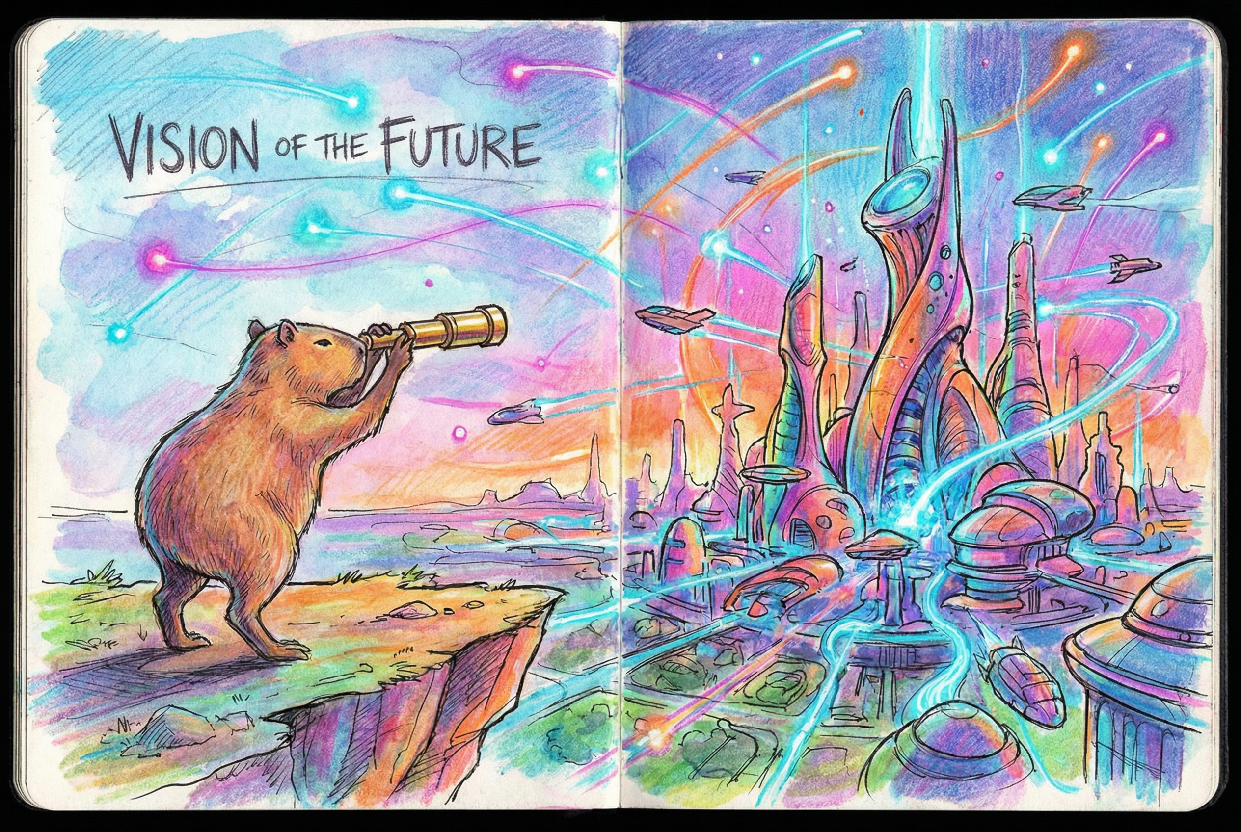 一只卡皮巴拉站在悬崖边,手里拿着单筒望远镜眺望远方充满科幻色彩的未来城市,天空中飞过代表 AI 的光点