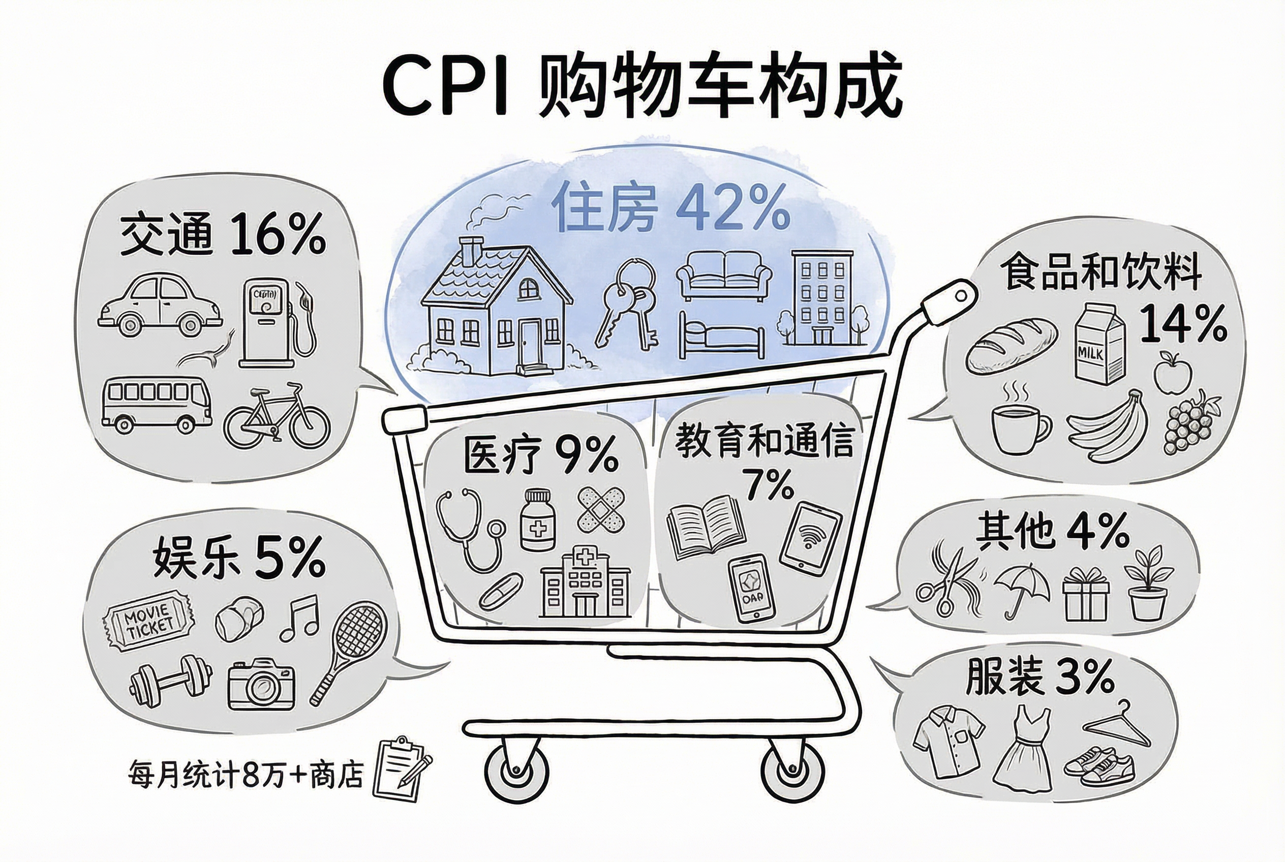CPI 购物车构成图（淡蓝色晕染版）