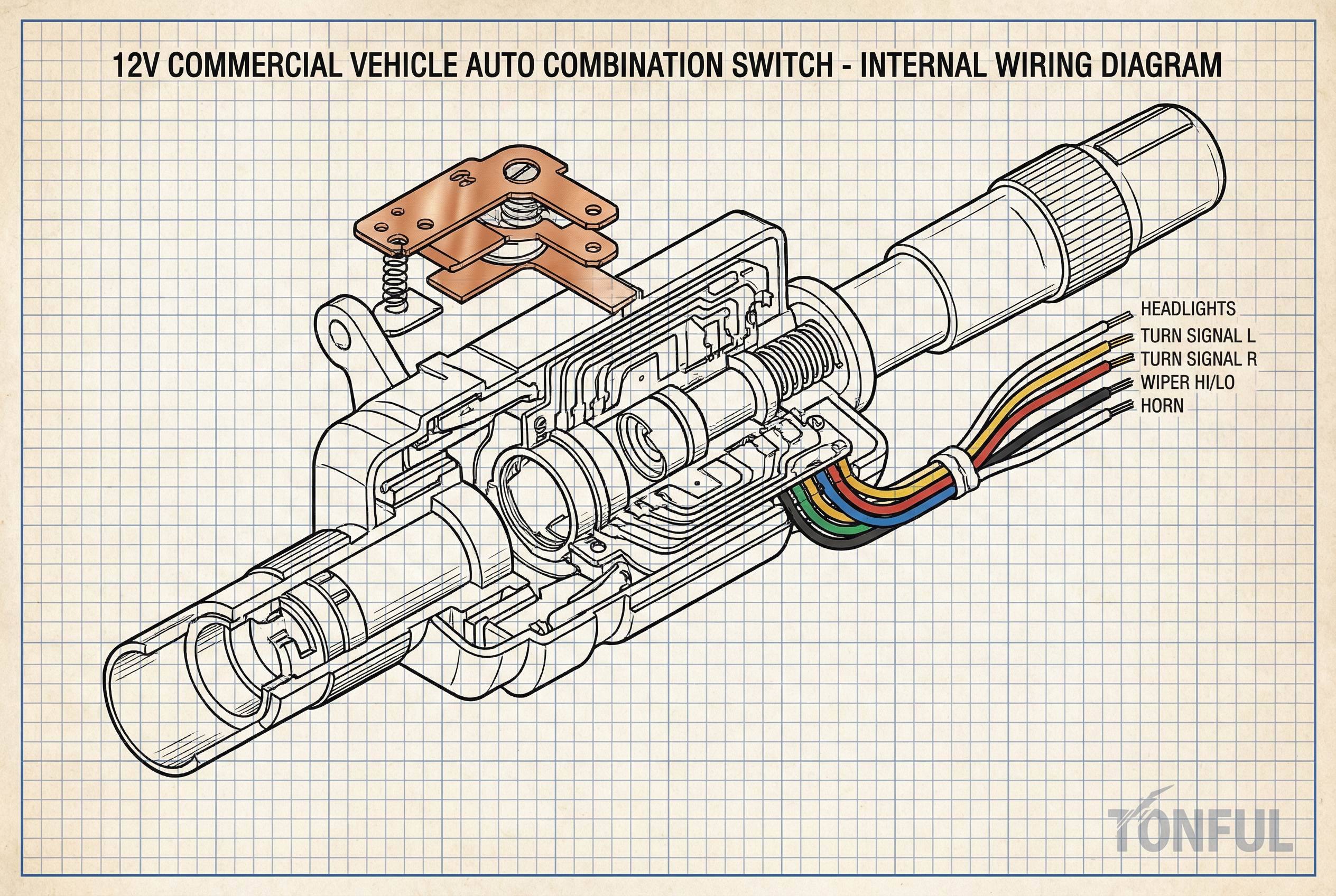 Technical diagram of Tonful Auto Combination Switch showing internal wiring and contacts