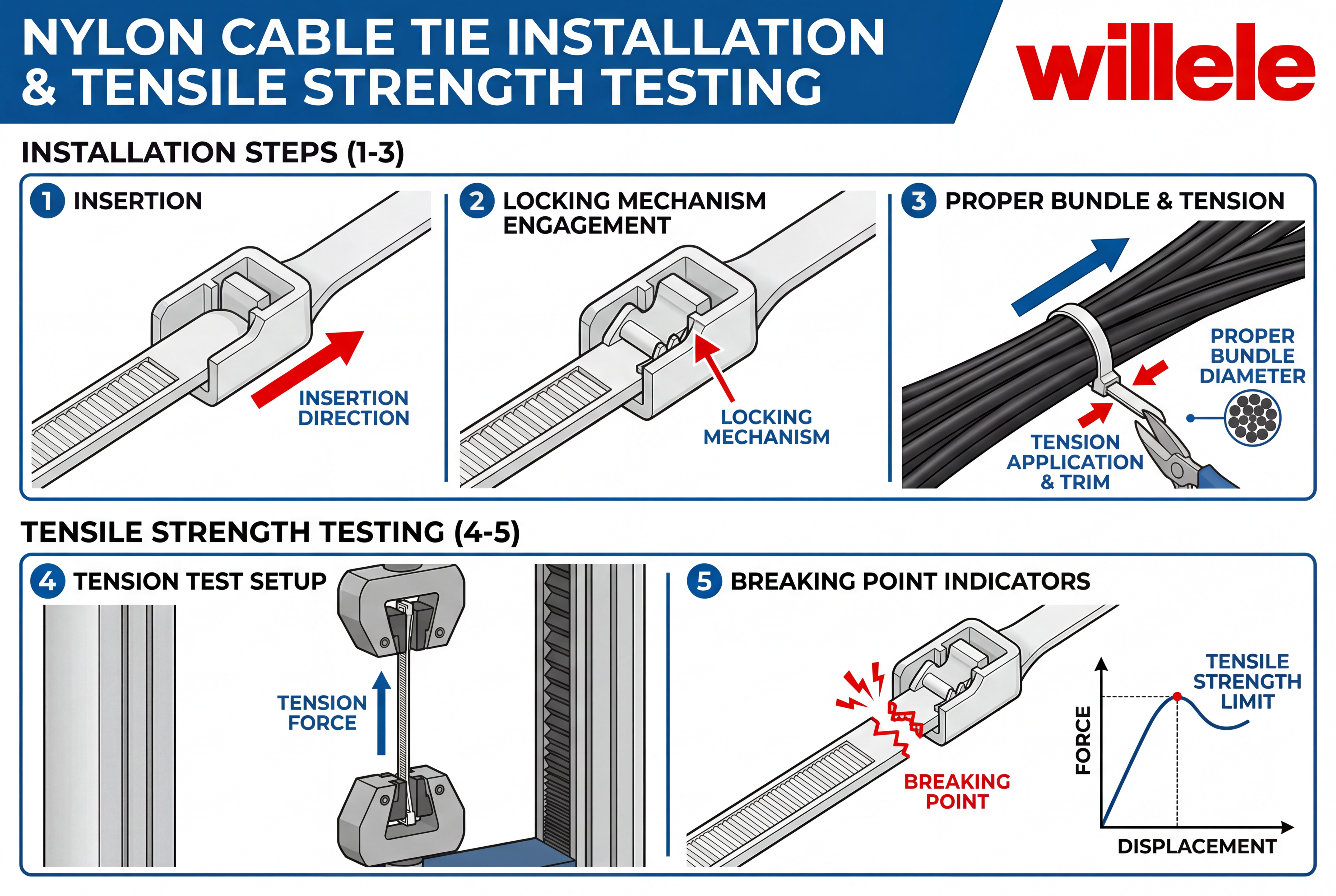 An annotated technical illustration from WILLELE showing the proper steps for cable tie installation, tensioning, and cutting for a secure fit.