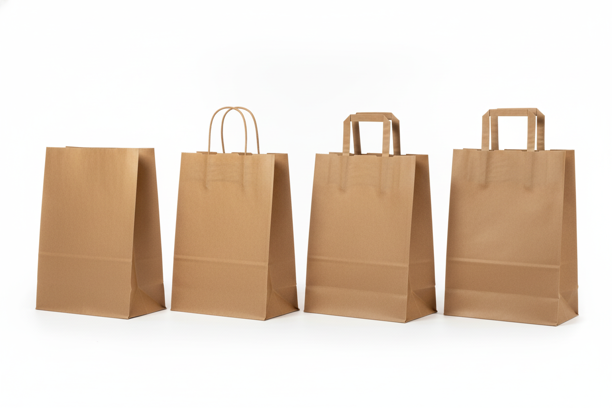 Four types of brown paper bags displayed showing different handle options