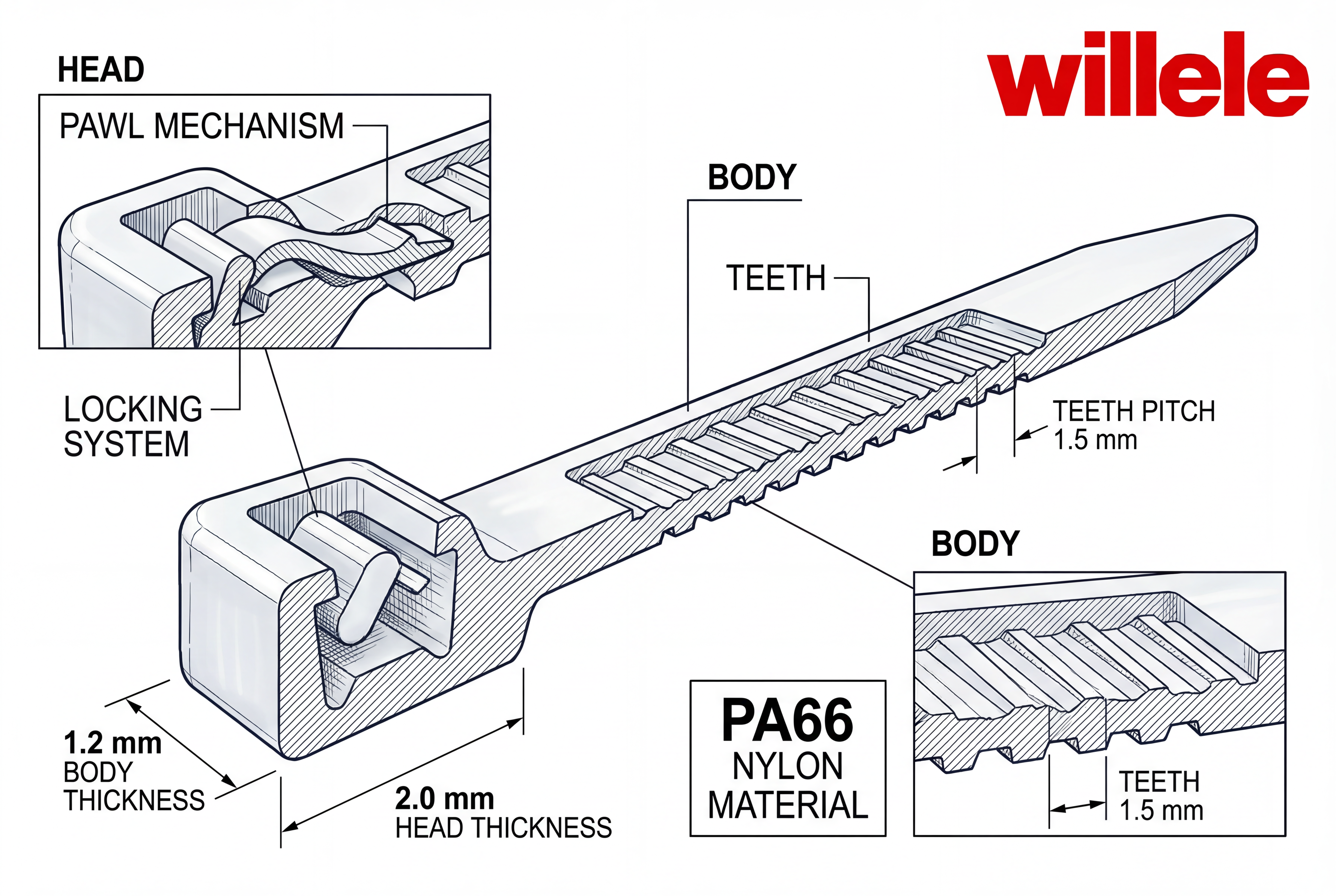A detailed technical cutaway diagram of a WILLELE nylon cable tie, showing the head, locking pawl, and serrated body made of PA66 nylon.