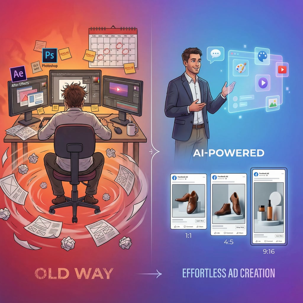 A futuristic workspace showing a human conversing with a glowing AI interface on one side, and a stream of high-converting Facebook ad creatives in various formats (square, vertical, carousel) appearing on the other side. The style is sleek, professional, and tech-forward.