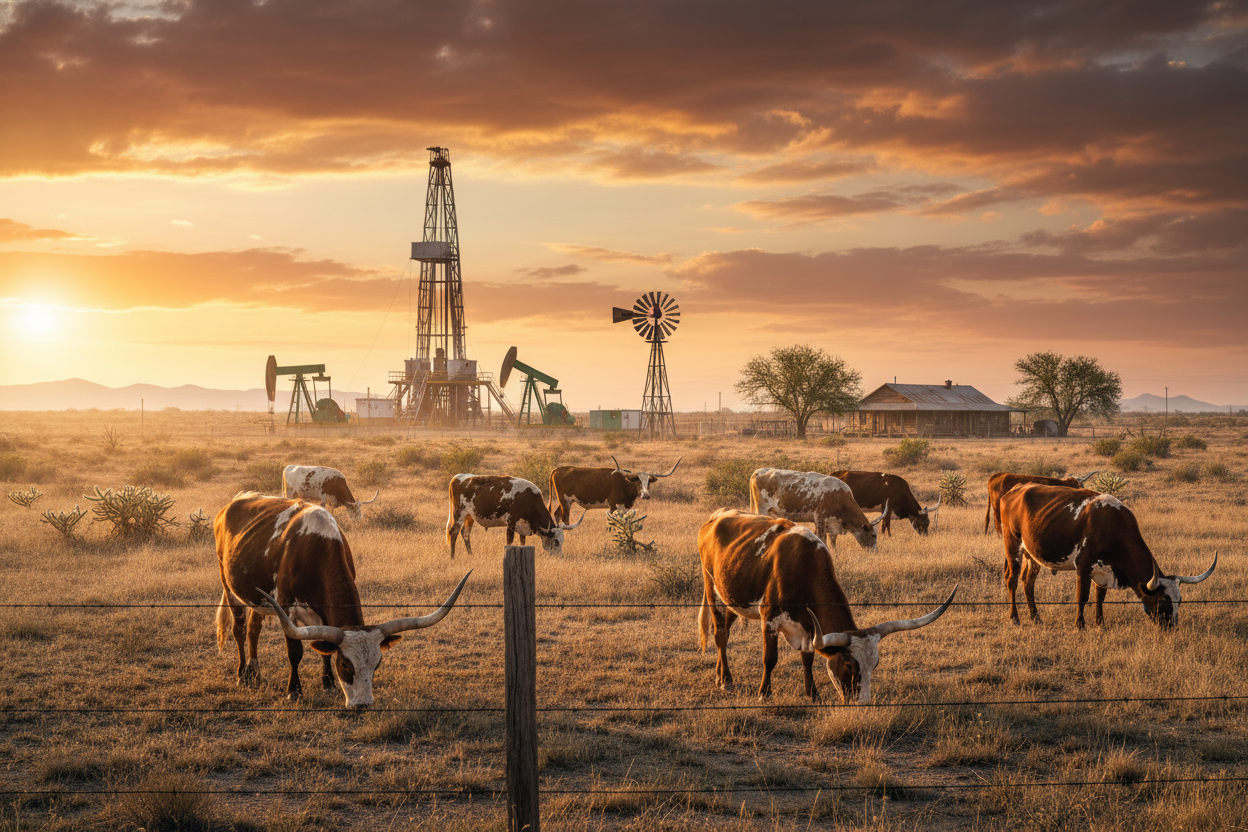 A dramatic landscape photo of a West Texas ranch with cattle grazing near a traditional windmill, while oil pump jacks and a drilling rig operate in the background.