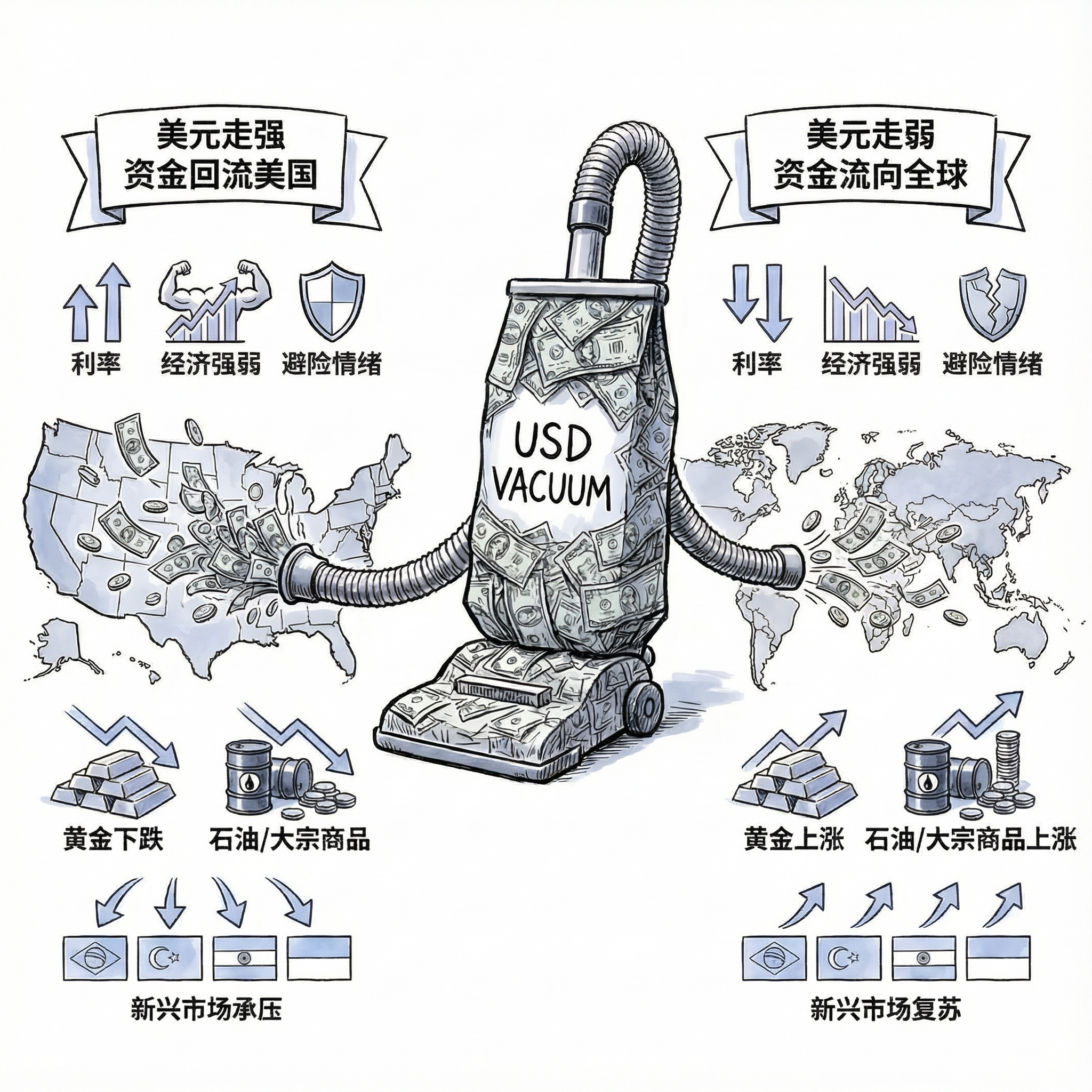 美元强弱对全球资金流动影响图（淡蓝色晕染版）