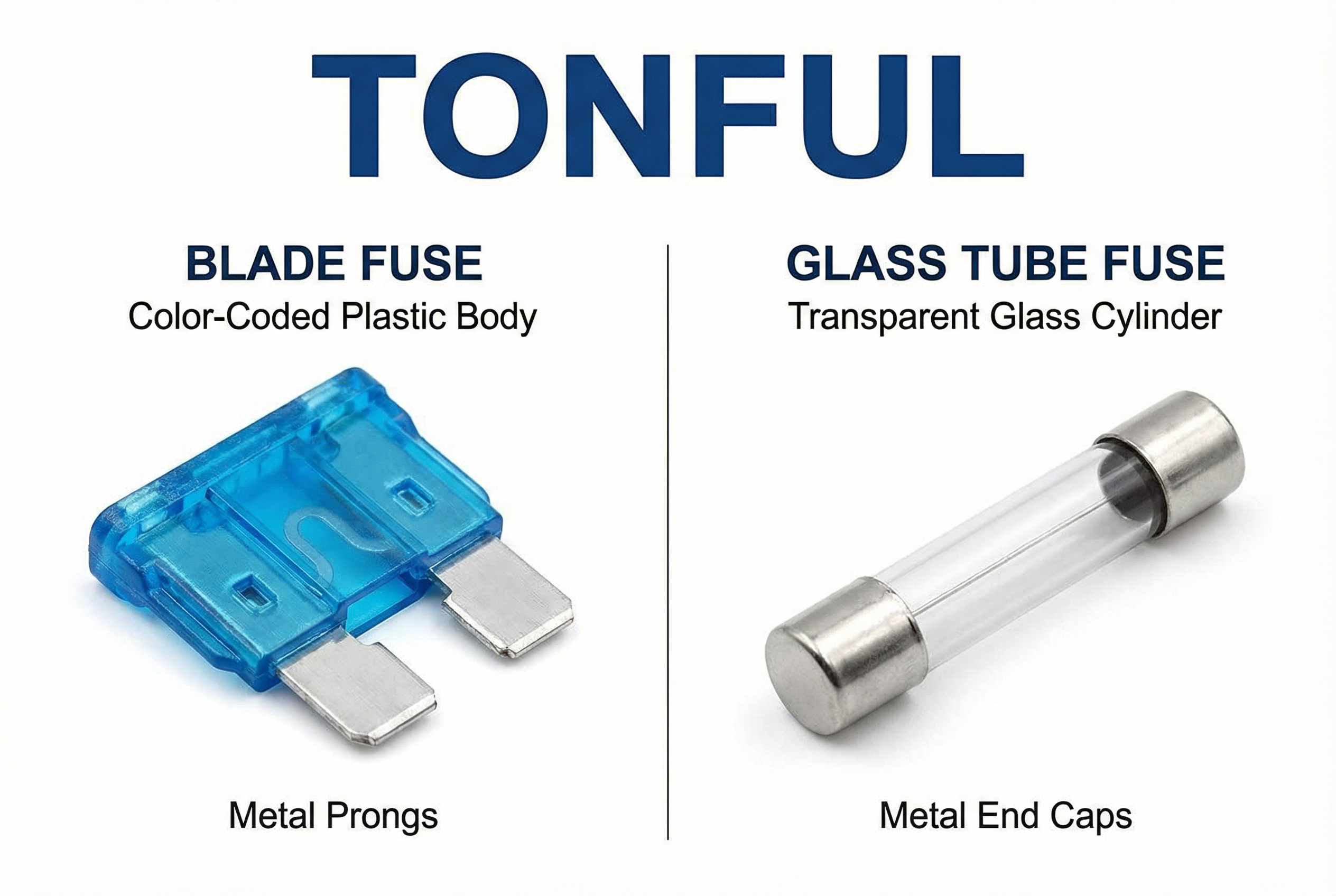 An assortment of colorful automotive blade fuses in standard, mini, and maxi sizes