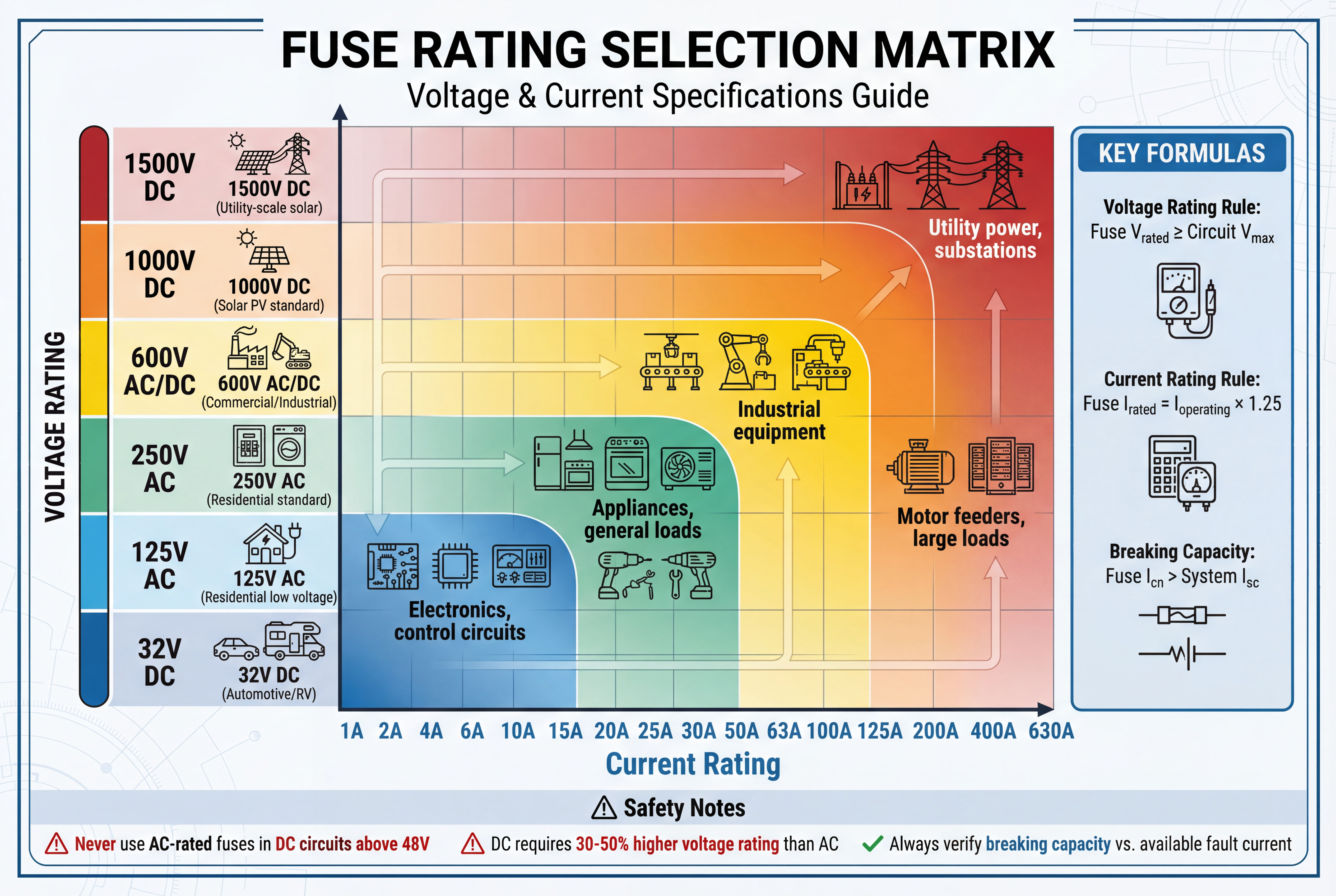 A matrix chart showing the relationship between fuse voltage ratings and current ratings for different applications, from low-voltage electronics to high-voltage industrial systems.